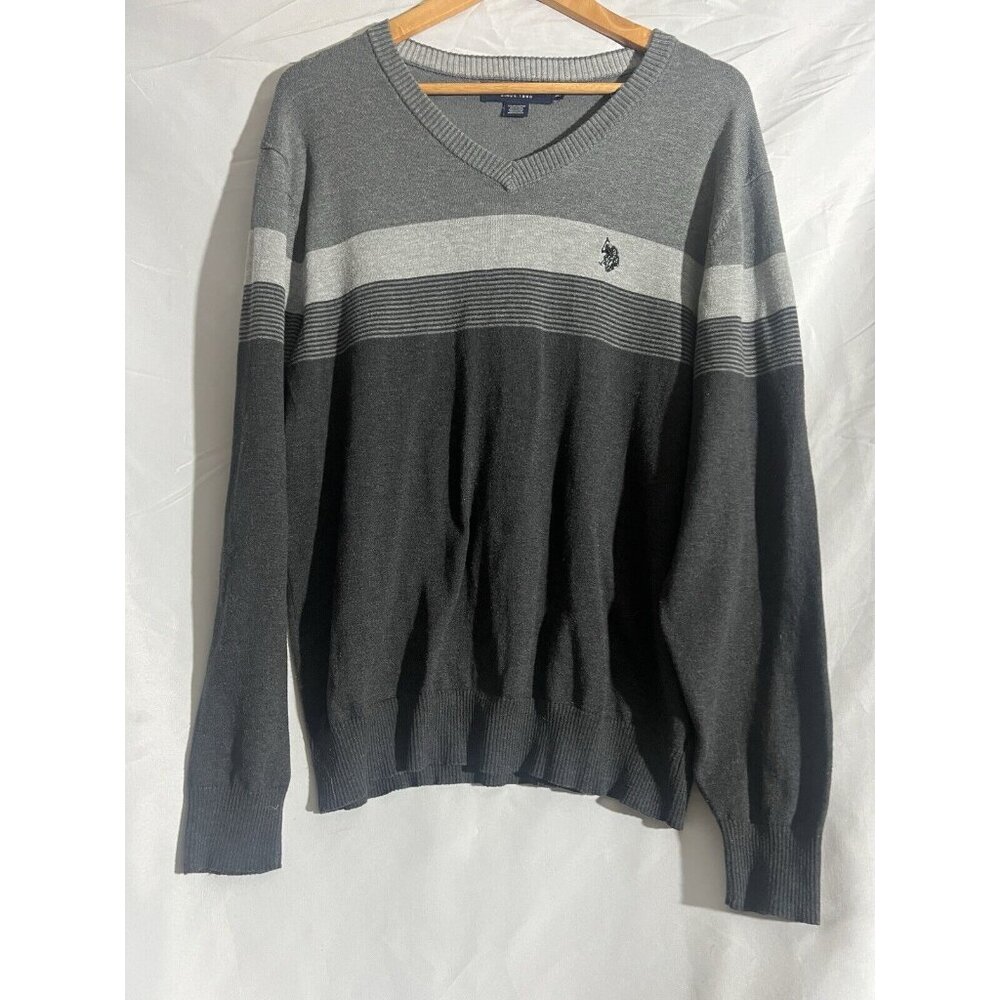 US Polo Assn Sweater  Men's M Pullover V-Neck Gray Chest Stripe